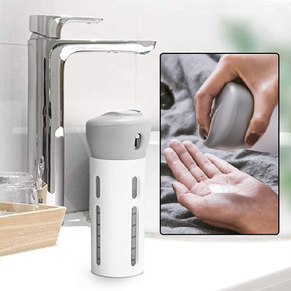 Compact 4-in-1 travel dispenser bottle set in multicolor, ideal for toiletries.