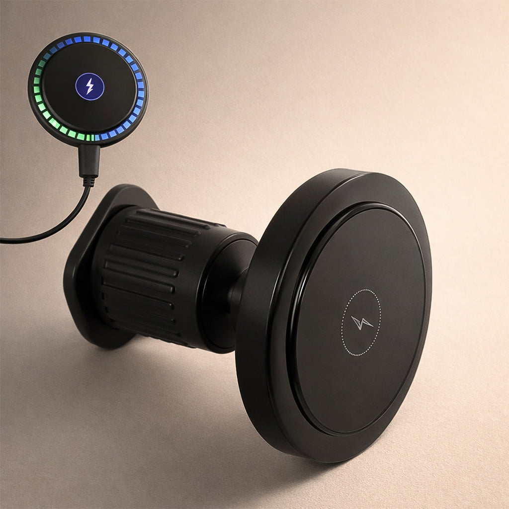 Magnetic car charger with music reactive RGB lights mounted on a dashboard.