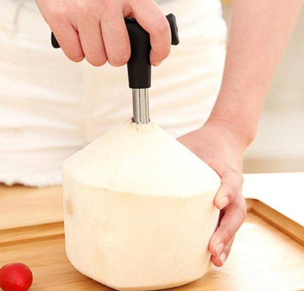 Comfortable black handle of the stainless steel coconut opener.