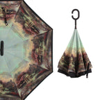 Printed reverse umbrella showcasing its unique inverted folding design.