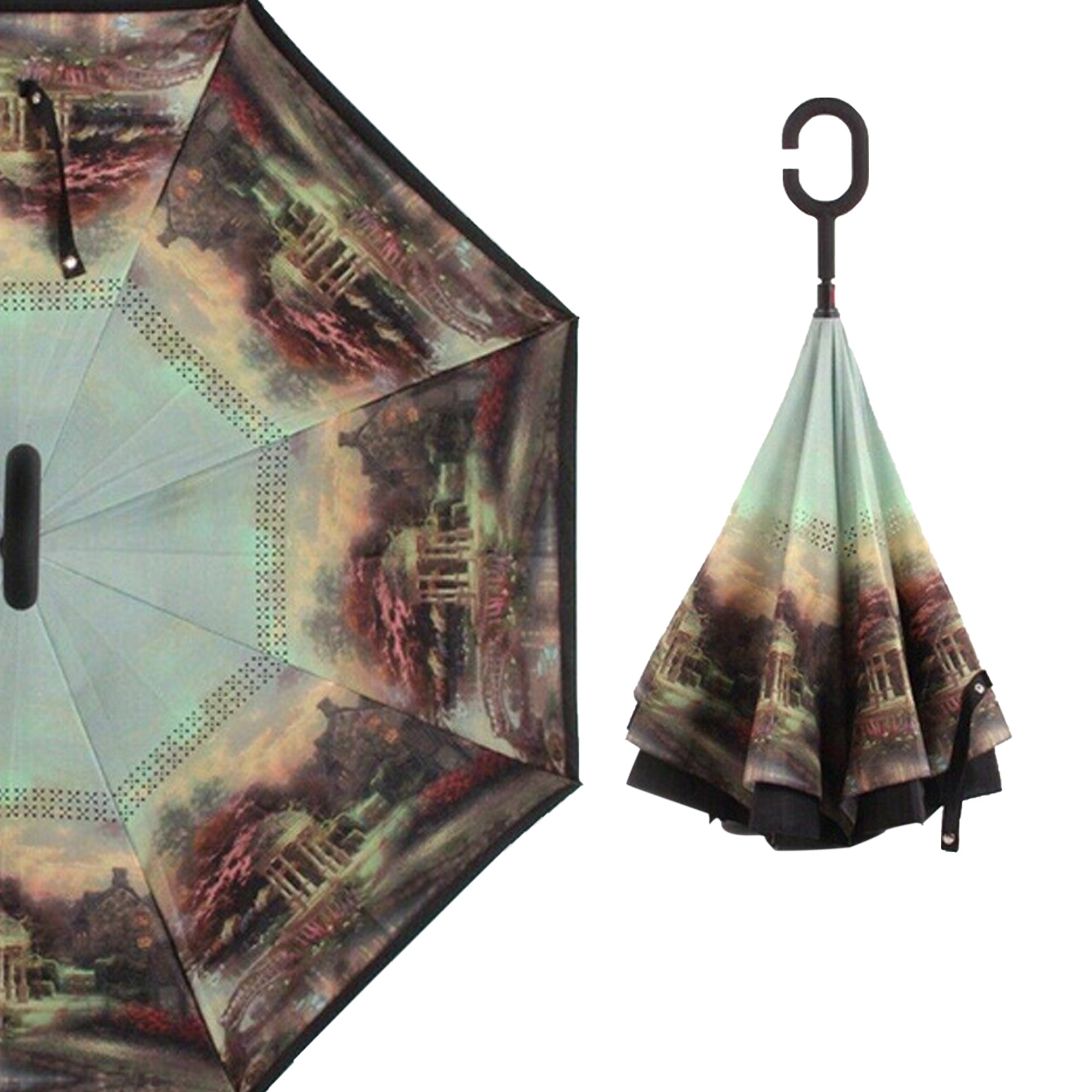 Printed reverse umbrella showcasing its unique inverted folding design.