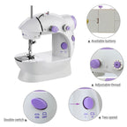 Electric mini sewing machine powered by adapter or batteries.