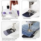 Portable mini sewing machine with included foot pedal for easy operation.