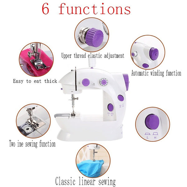 Top view of the handheld mini sewing machine highlighting its built-in lamp.