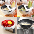 Complete view of the multifunctional vegetable cutter, featuring its rotating basket and comprehensive set of blades.