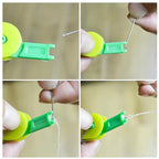 Handheld needle threading device in multicolour actively threading a needle with ease.