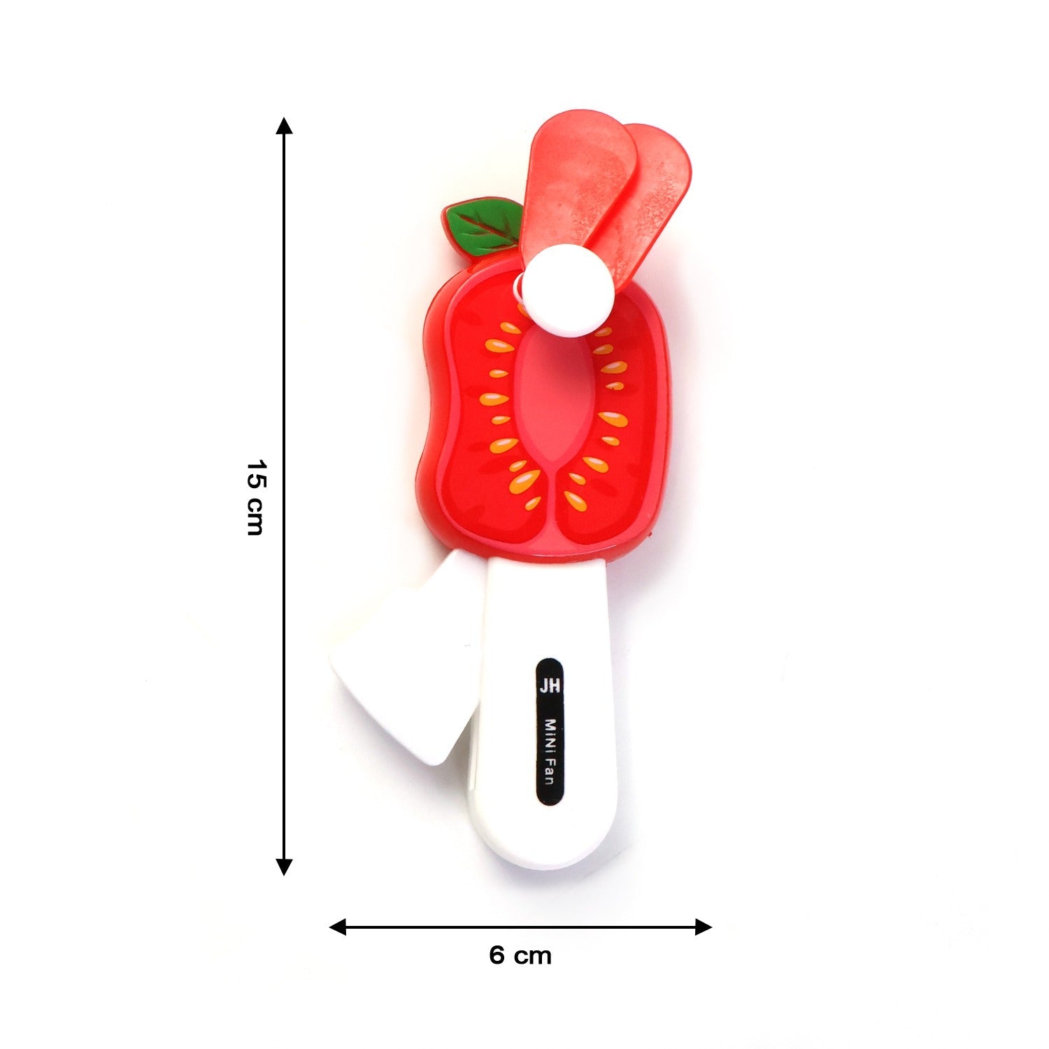 Side view of fruit-shaped mini hand pressure fan made for children