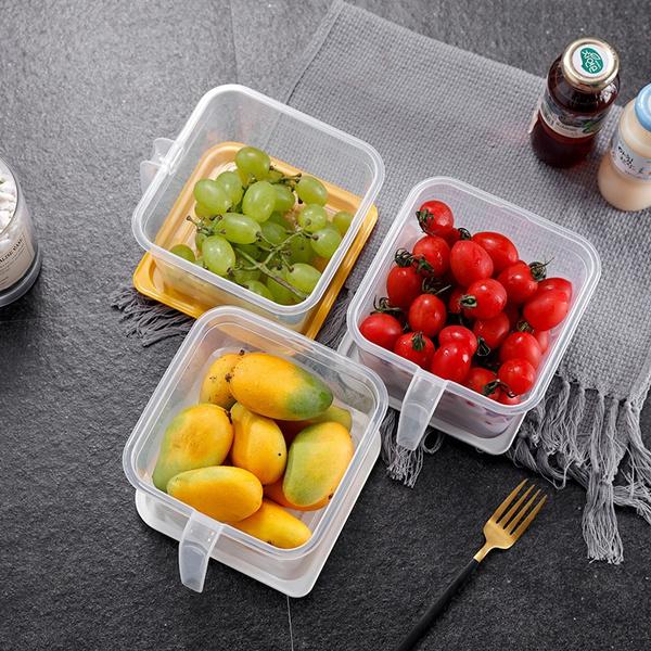 Set of 6 square airtight kitchen storage containers with bright lids.