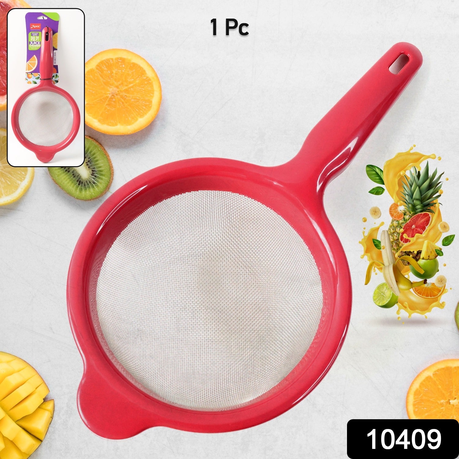 Durable medium juice strainer with ergonomic handle