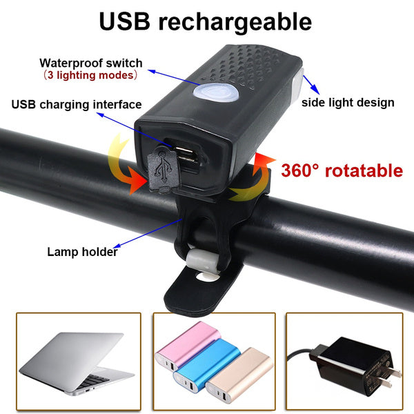 Rechargeable front bike light glowing on a cycle.
