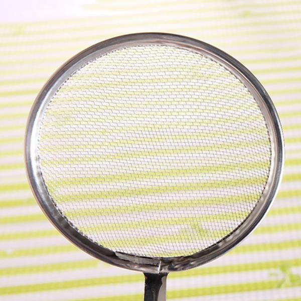 Frying filter spoon with clip, highlighting its oil straining capability.