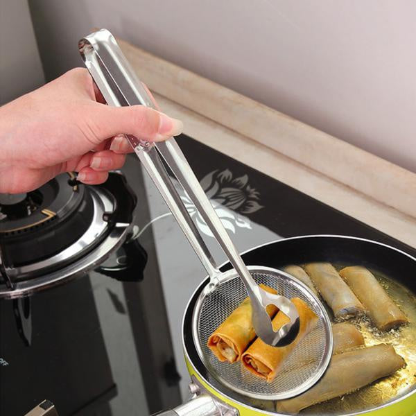 Stainless steel frying filter spoon with a clear view of the mesh.