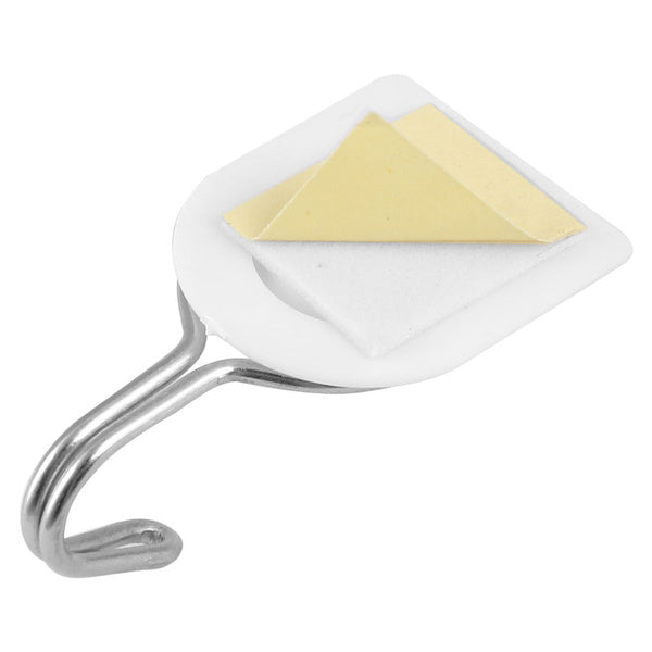 Versatile self-adhesive plastic hook for various hanging needs.