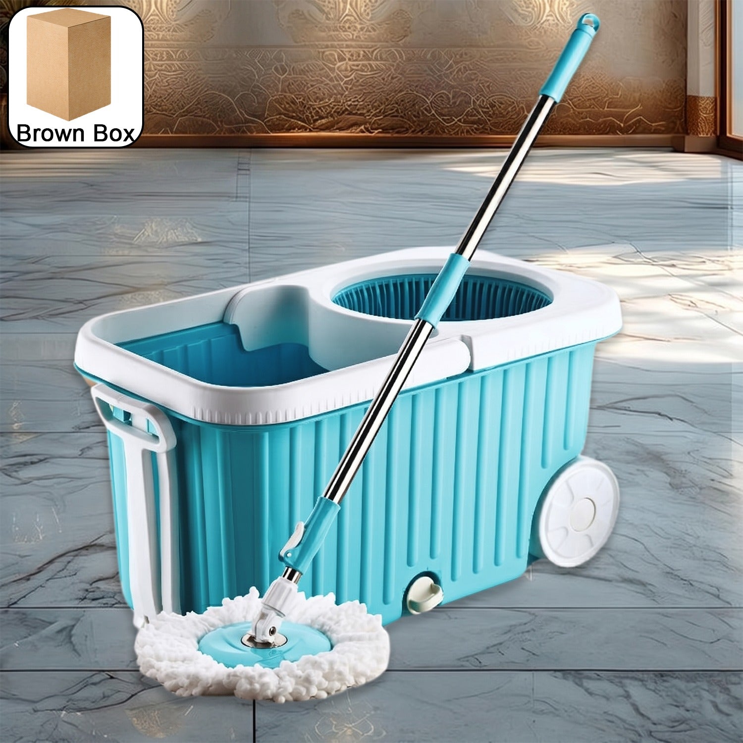 Spin Mop with 360° rotating microfiber head and stainless steel spinner with large bucket
