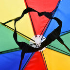 Adjustable rainbow umbrella hat offering complete sun and rain protection.