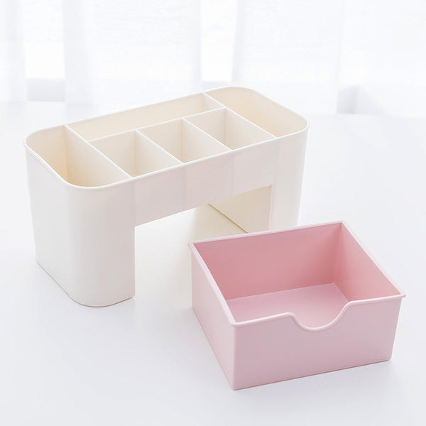 Top-down view of the compact cosmetic organizer, showcasing its various storage sections.