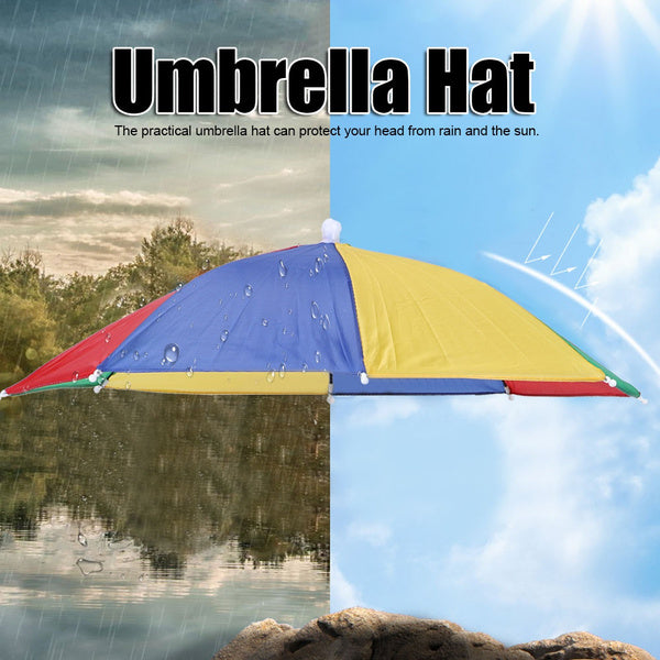 Umbrella hat in use, demonstrating its hands-free design for convenience.