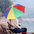 Multicolor umbrella hat providing hands-free sun and rain protection.
