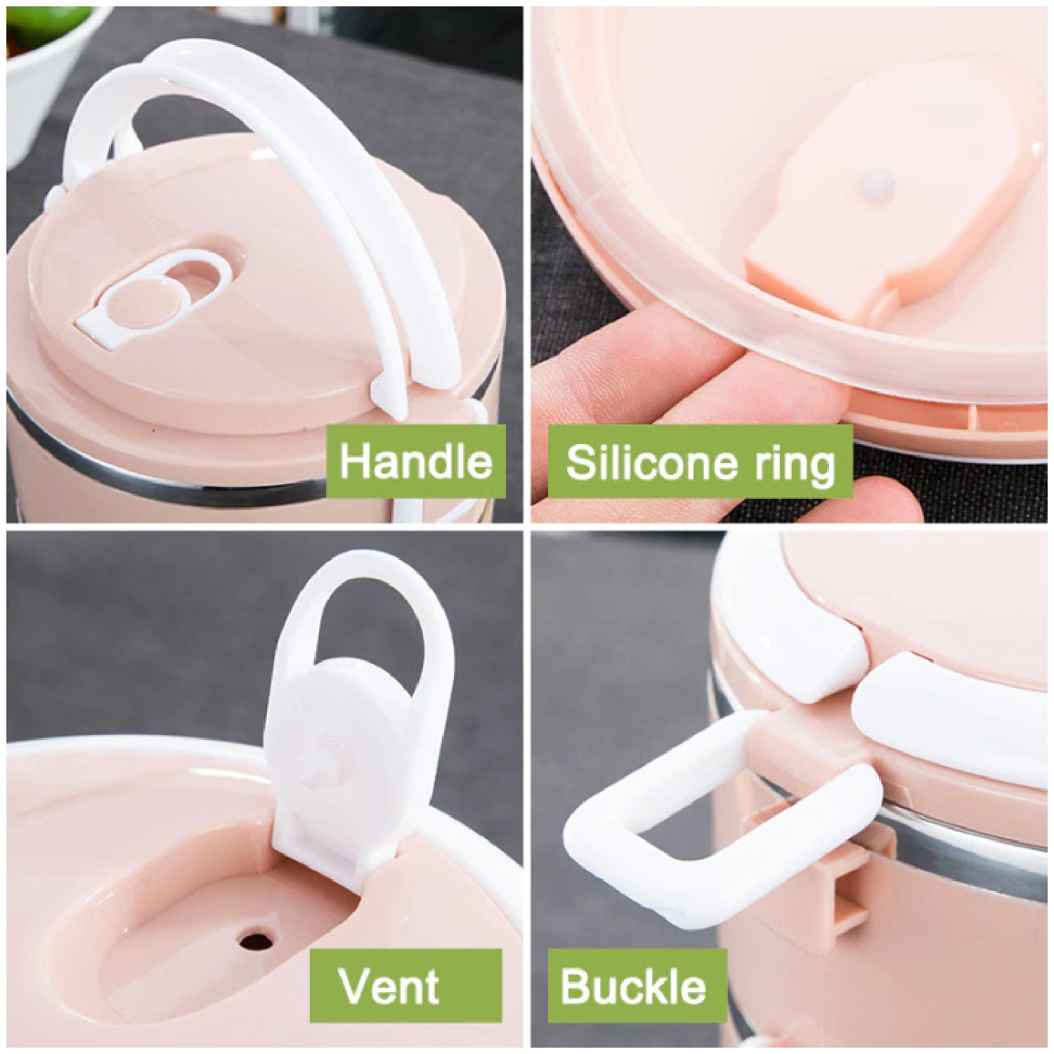 Stainless steel lunch box designed to keep food warm for hours.
