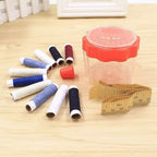 A complete sewing box showcasing arranged threads, buttons, and essential tools.