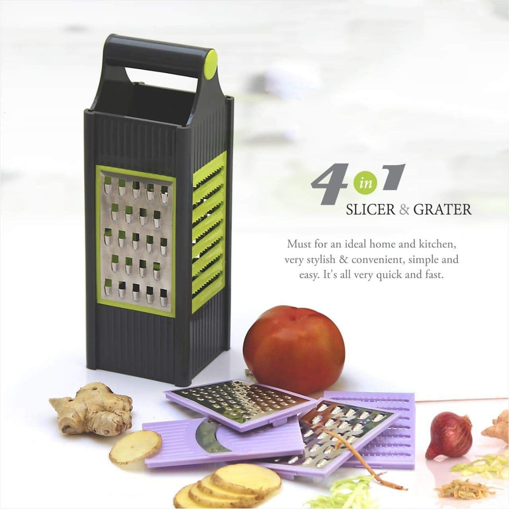 Practical plastic vegetable slicer grater showing the four different sharp stainless steel blade options.