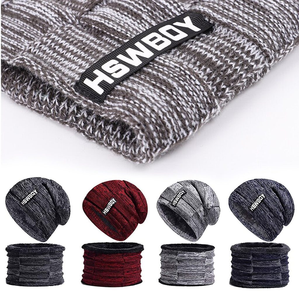Stylish shot of the complete woolen beanie scarf set on a mannequin.