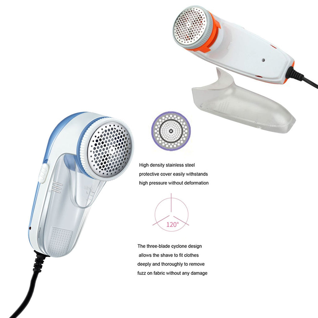 Detailed view of the corded lint remover's shaving head and power cord.