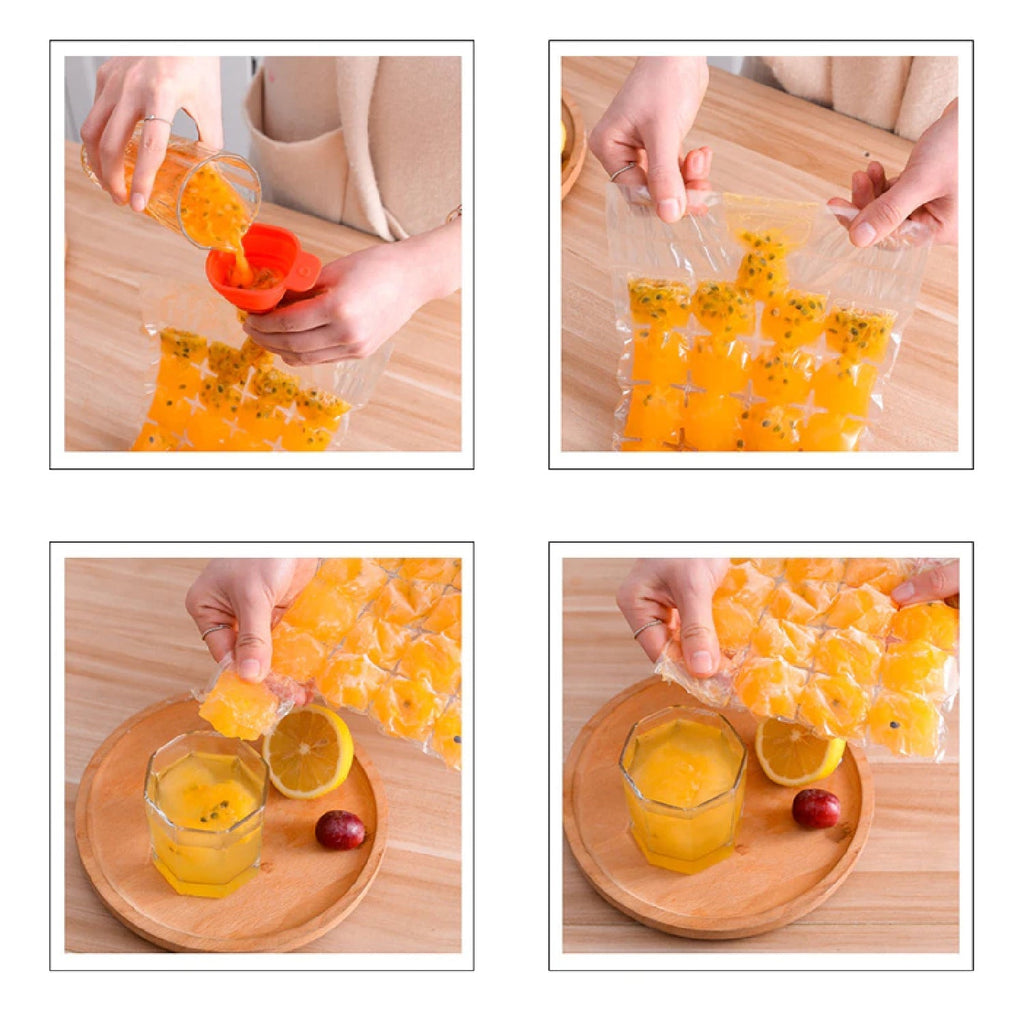 Fresh ice cubes from a disposable ice bag chilling a drink in a glass.