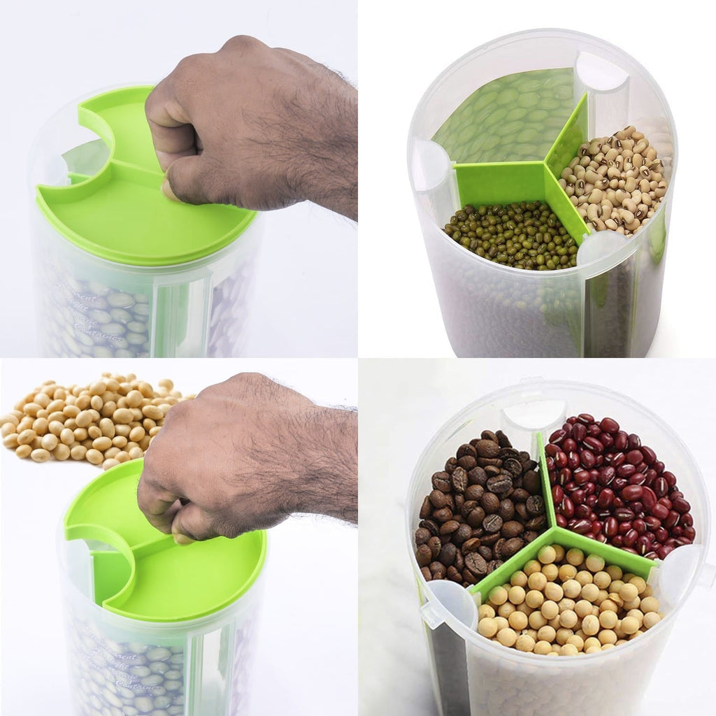Angled view of the transparent airtight dispenser, highlighting its three-compartment design.