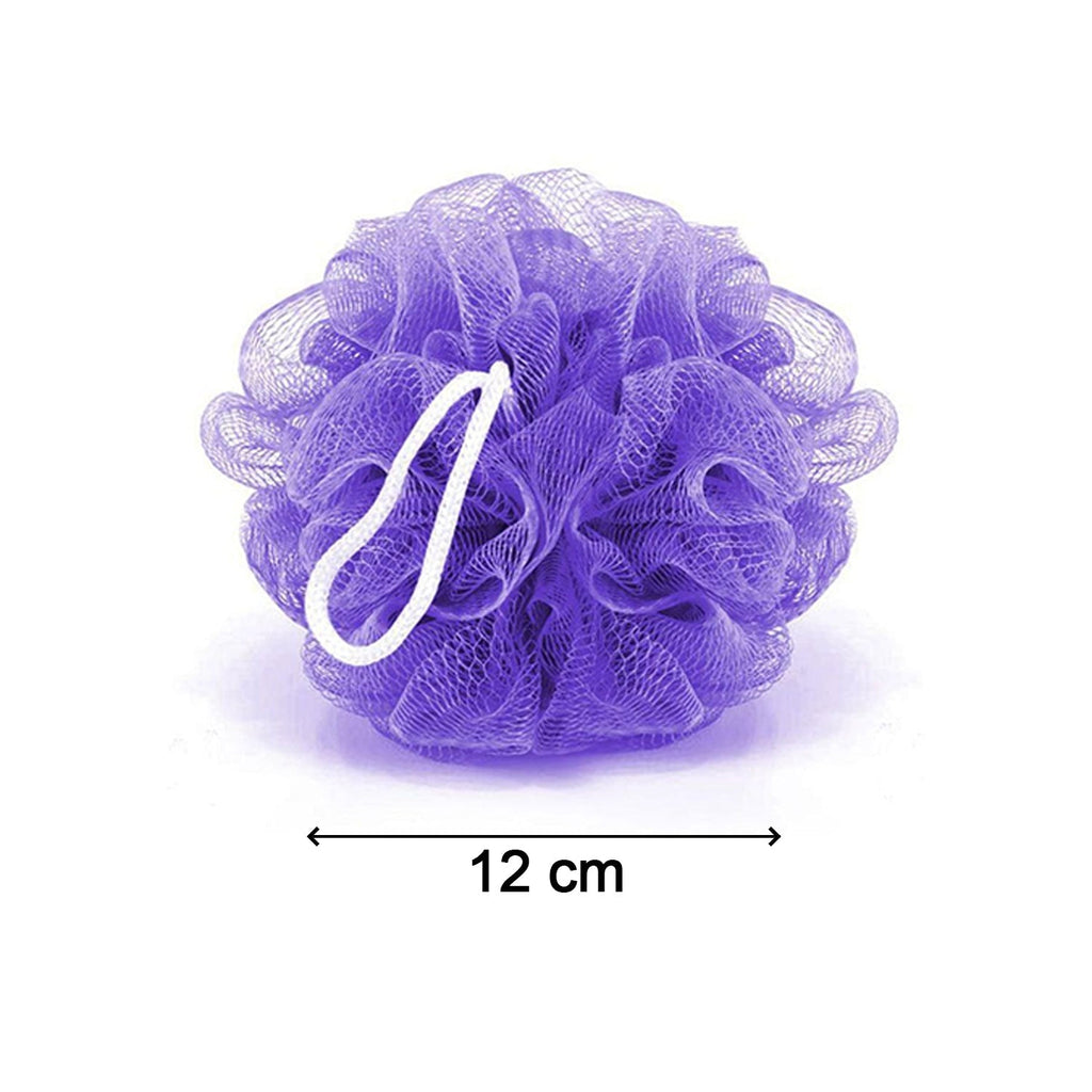 Six vibrant bath loofah poufs displayed together.