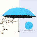 Detailed view of the water-activated peach flower print on the Magic Umbrella canopy.