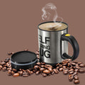 A sleek black Self Stirring Mug with a lid, showcasing its automatic mixing function for beverages.