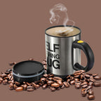 A sleek black Self Stirring Mug with a lid, showcasing its automatic mixing function for beverages.