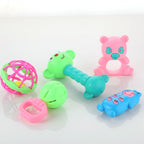 Ergonomically designed baby rattles set for comfortable grasping.