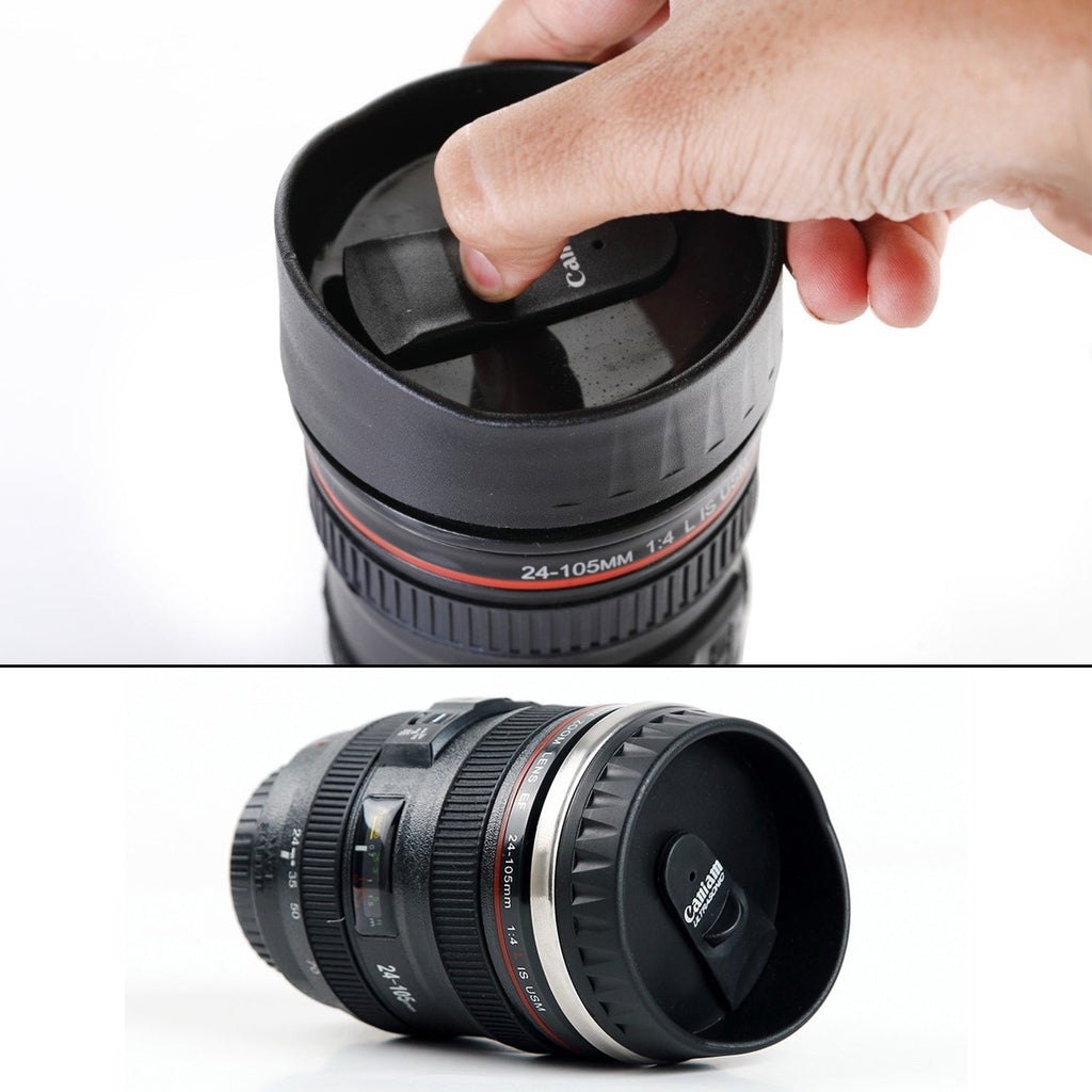 The 350ml camera lens coffee mug with its secure lid, ready for travel.