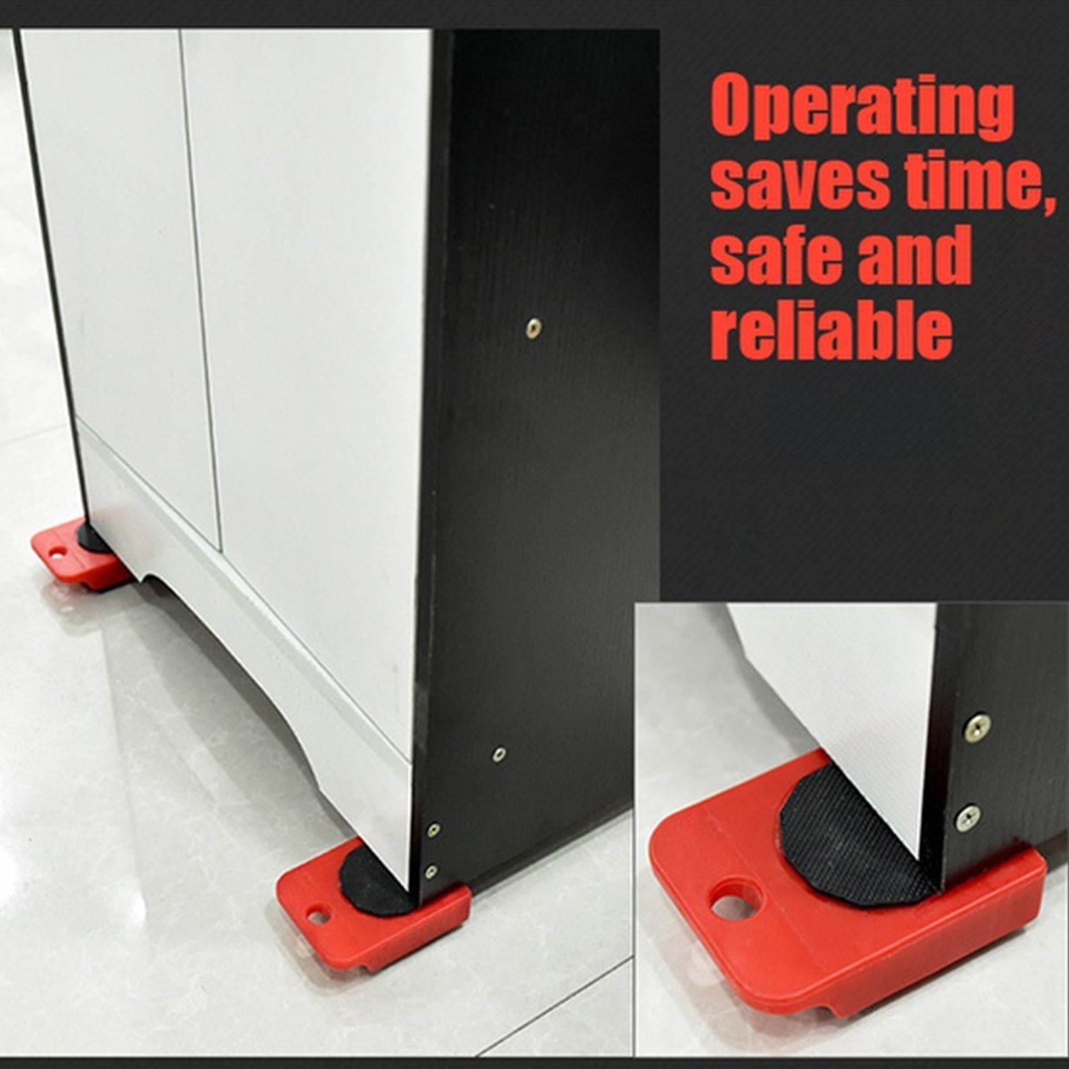 Furniture lifter tools positioned strategically under large furniture for easy shifting.