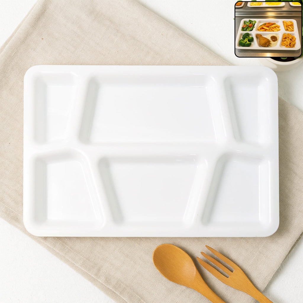 White plastic multi-compartment meal serving tray with 6 sections for portioned dining.
