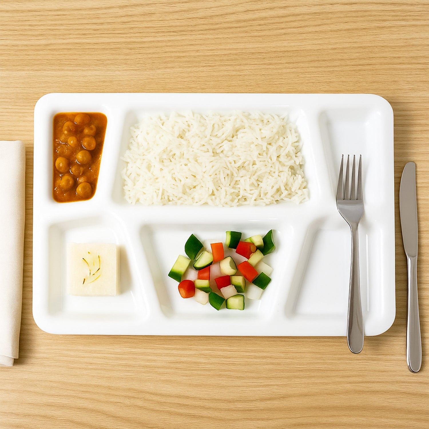 Multi-section plastic serving tray designed for neat portion control and easy cleanup.
