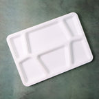 6 compartment white plastic serving tray ideal for balanced plating and portion control.