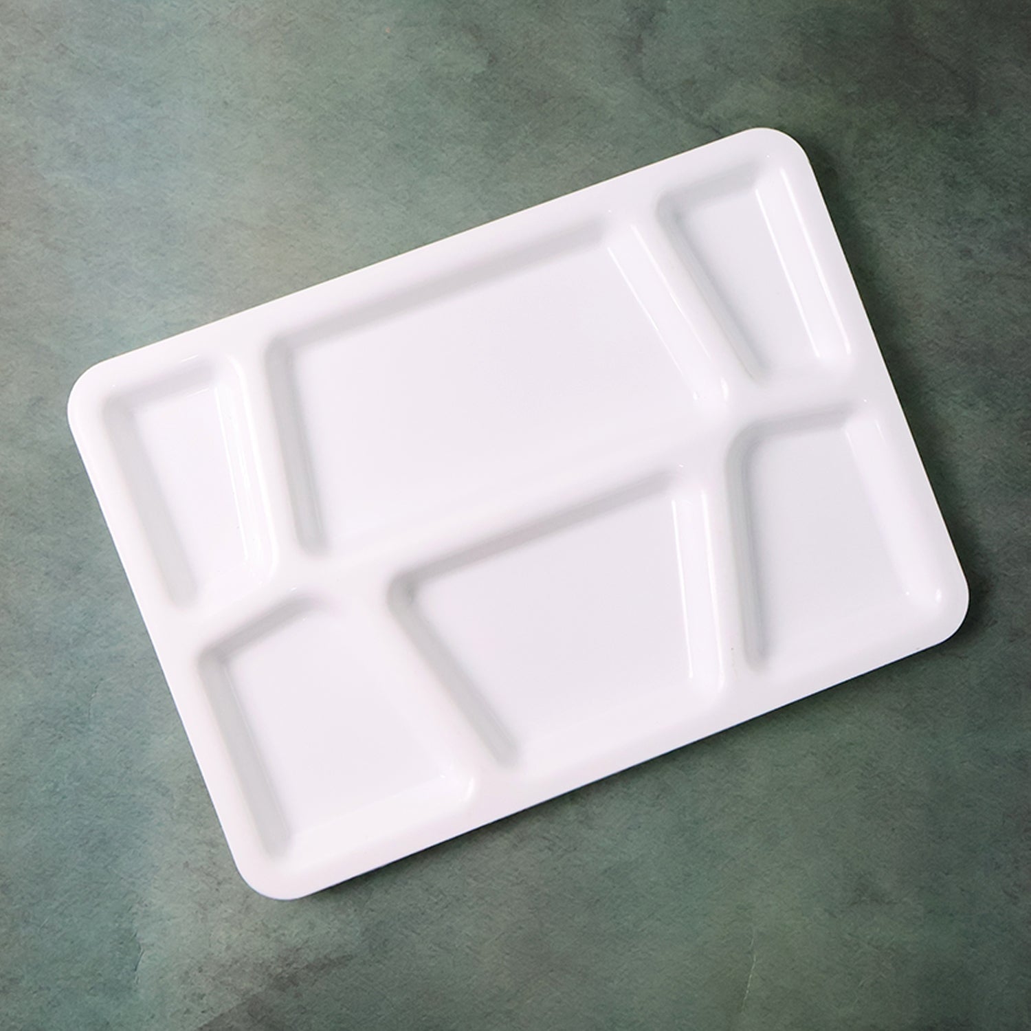 6 compartment white plastic serving tray ideal for balanced plating and portion control.