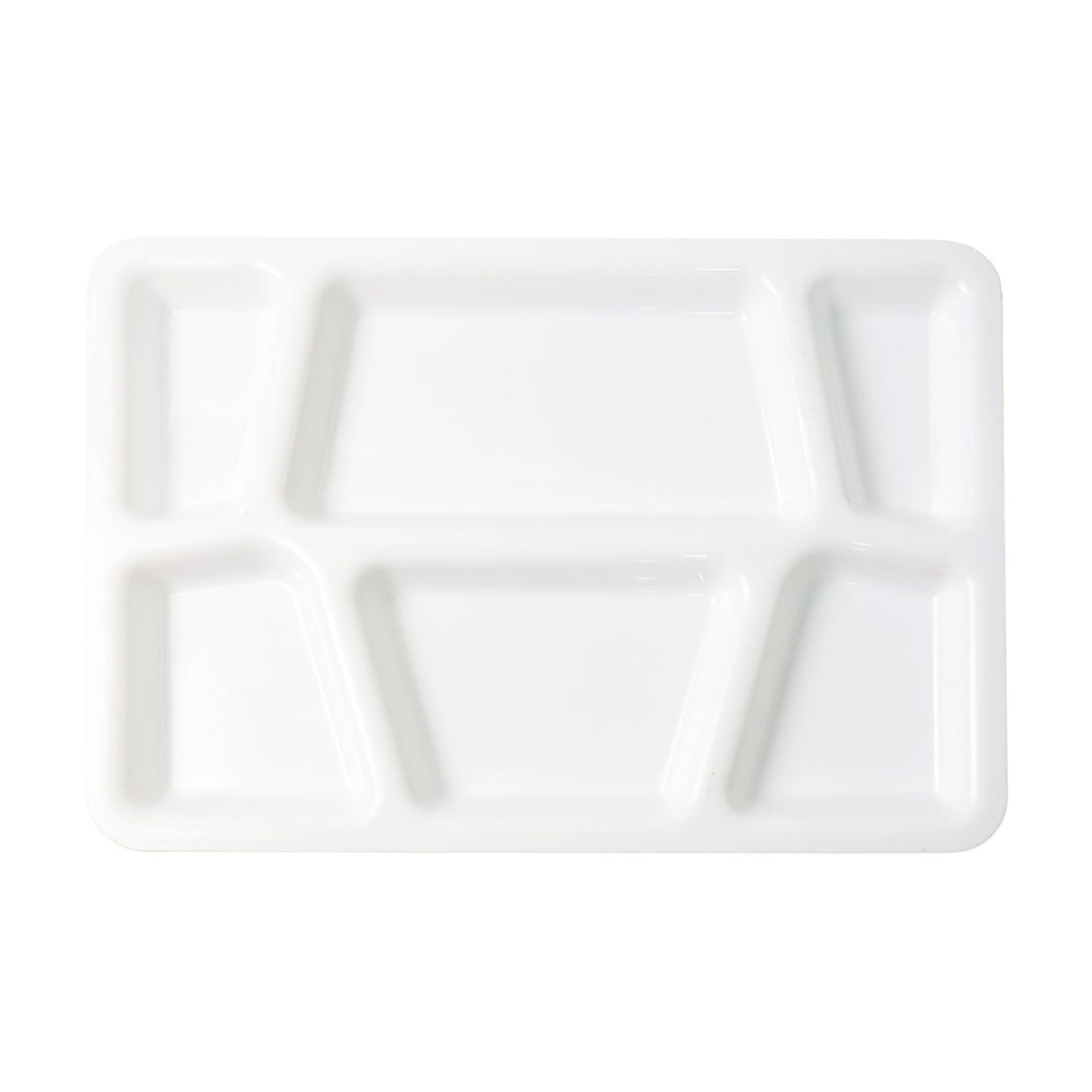 White plastic divided serving tray suitable for home, cafeteria, and party use.