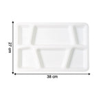 Lightweight plastic meal tray with six compartments for separate servings of food.