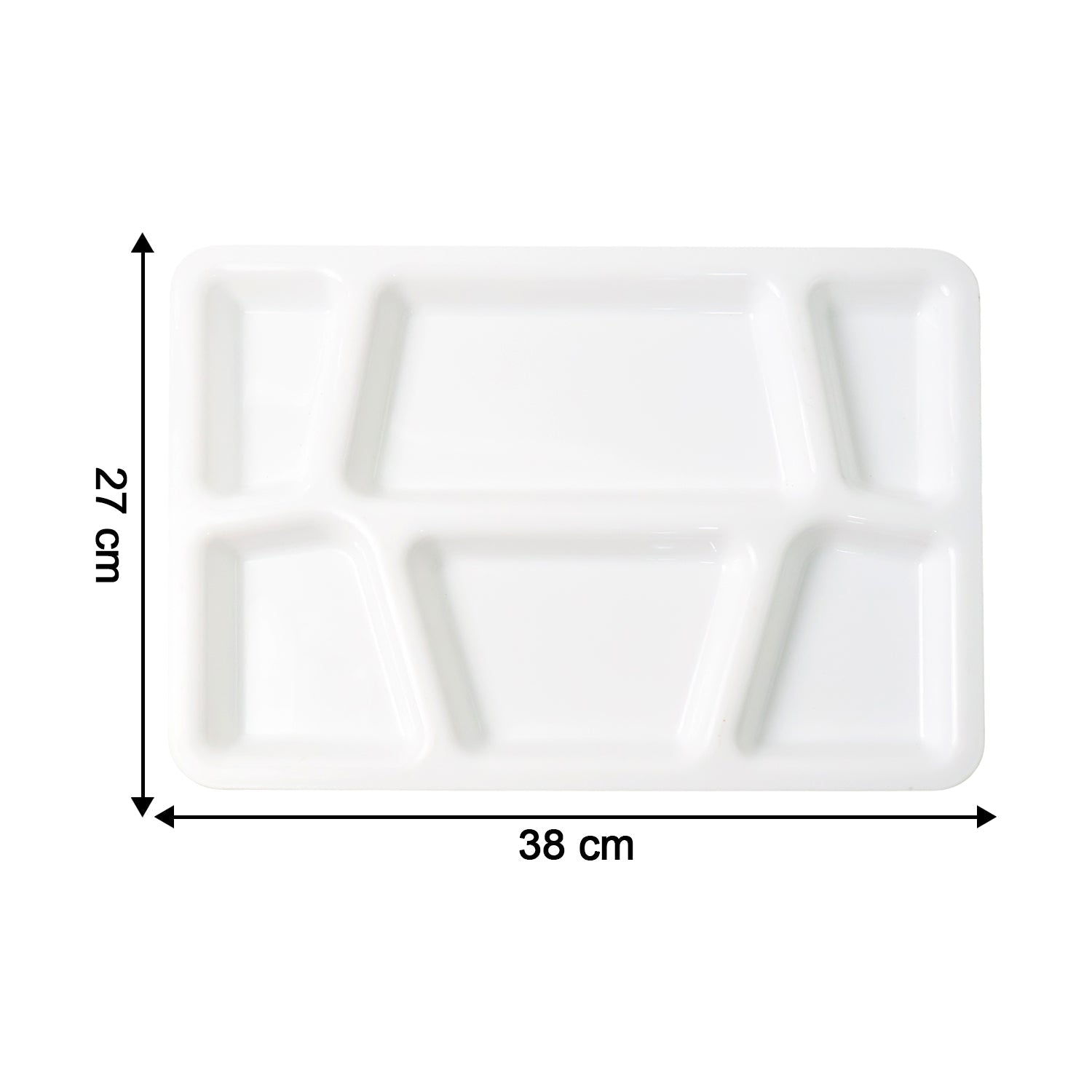 Lightweight plastic meal tray with six compartments for separate servings of food.