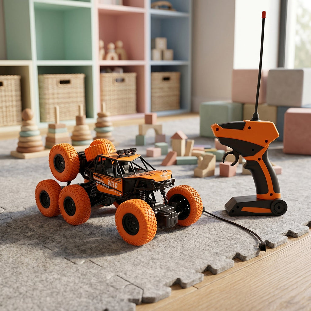 Rear view of the Spark Tots 8-wheel RC Off-Road Car, emphasizing its rugged design.