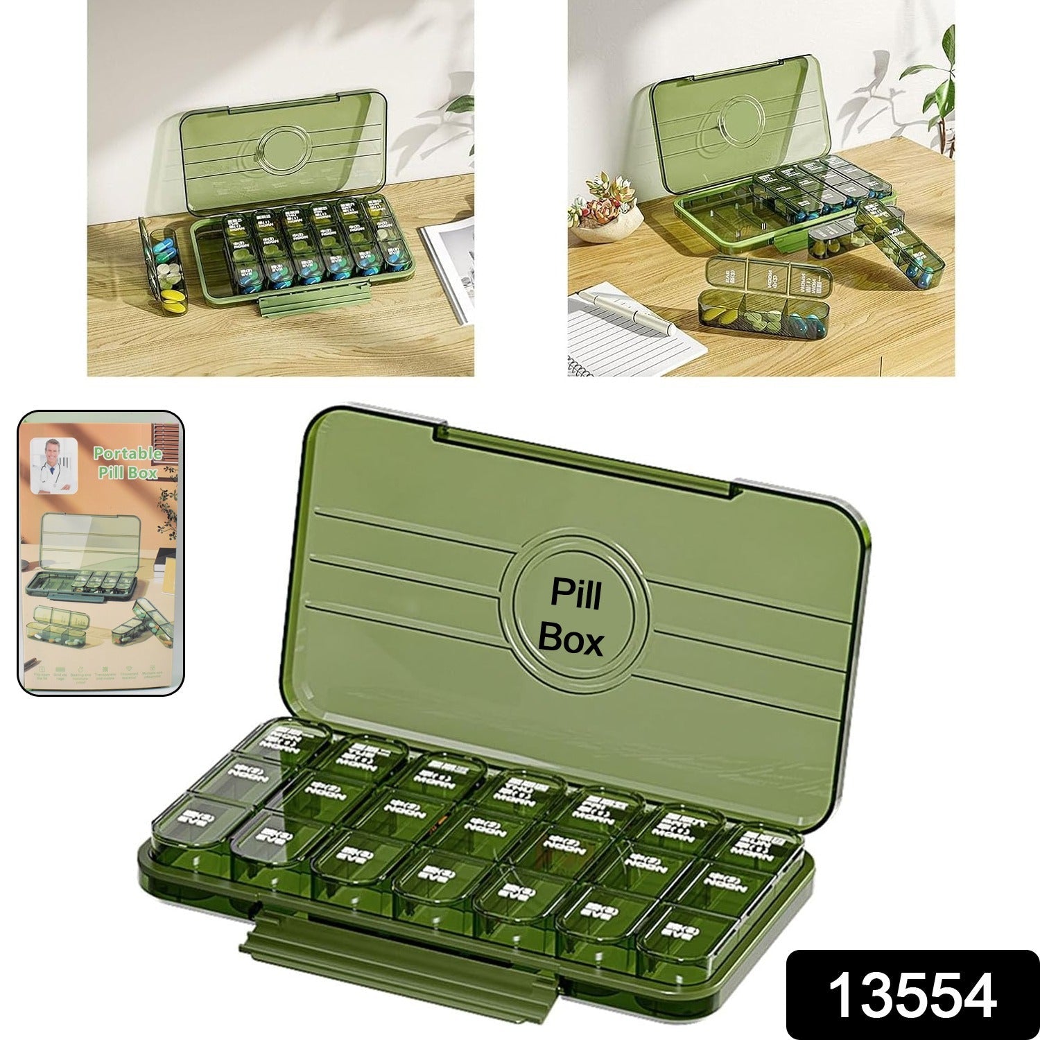Close-up of the 21-grid portable medication dispenser with individual lids for each day.