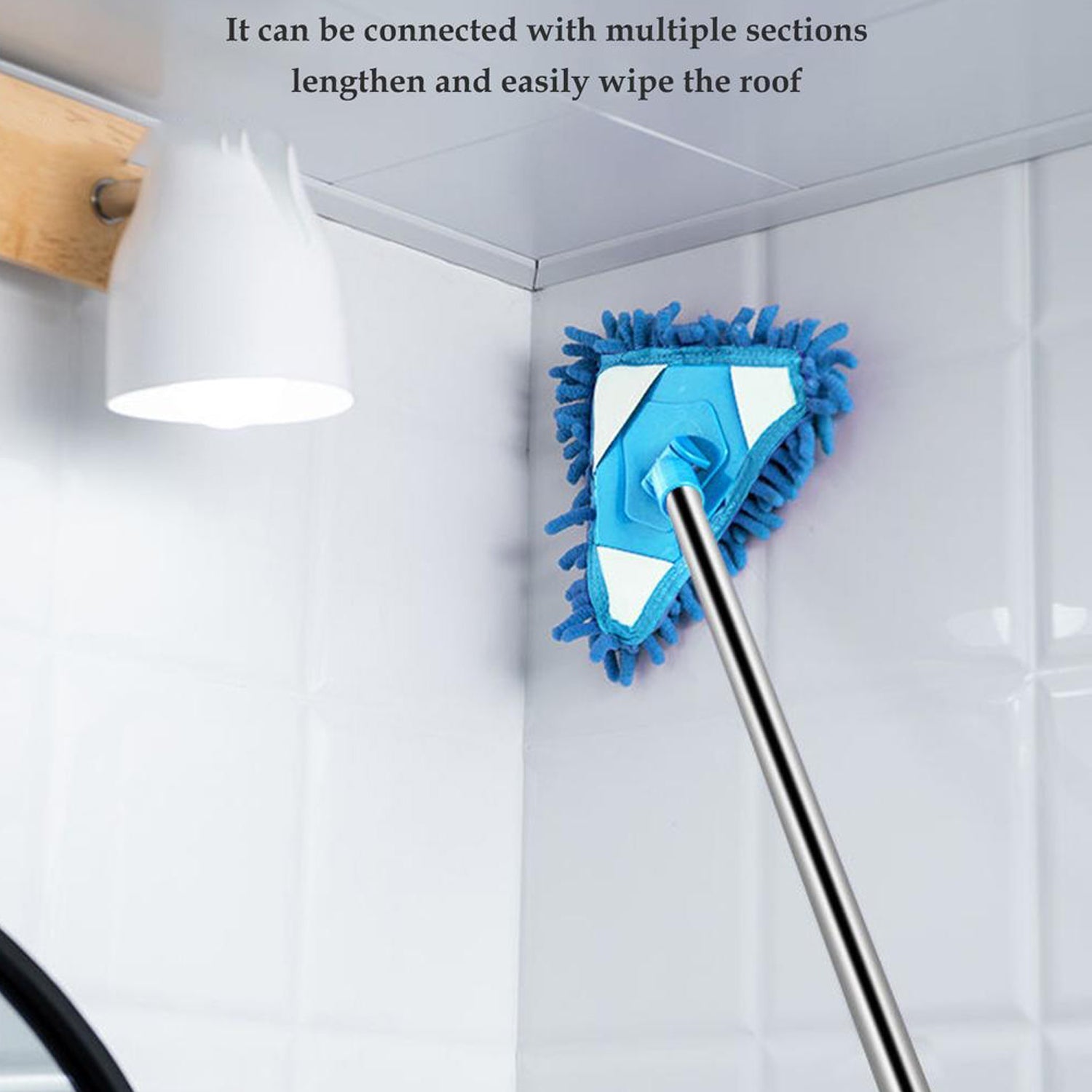 Multipurpose triangle mop with adjustable handle for cleaning both wet and dry surfaces effectively.