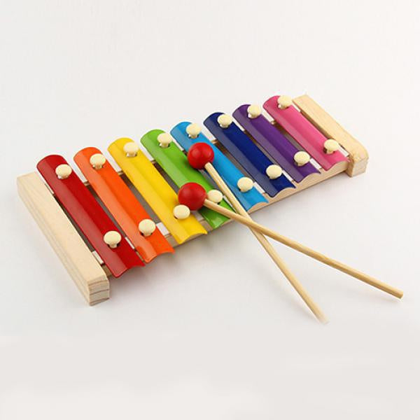 Aditi wooden xylophone, an educational musical toy, displayed with its safe mallet.