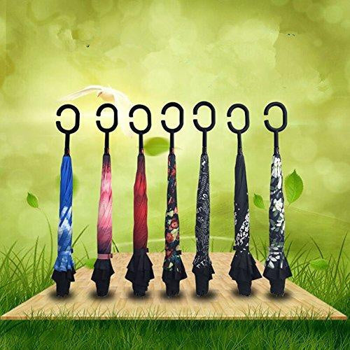 Compact folded reverse umbrella, ideal for travel and easy storage.