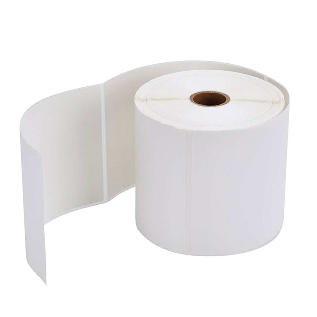 Side view of a large roll of 100x150mm thermal transfer labels.