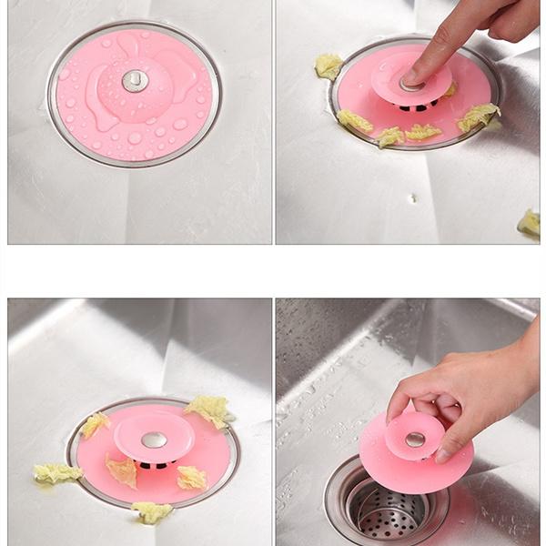 Multicolor silicone sink sealer in use preventing drain clogs